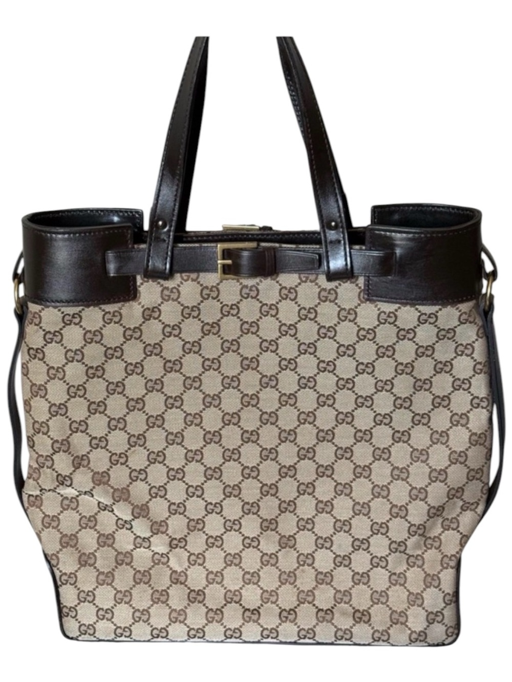 Gucci Vintage Brown & Beige GG Canvas Tote with Dark Brown Leather Trim